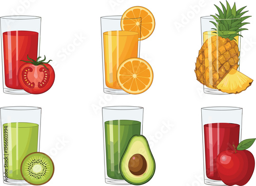 Healthy fruit and vegetable juice vector set. Illustrations of tomato, orange, pineapple, kiwi, avocado, and apple juices in glasses for wellness and nutrition branding.
