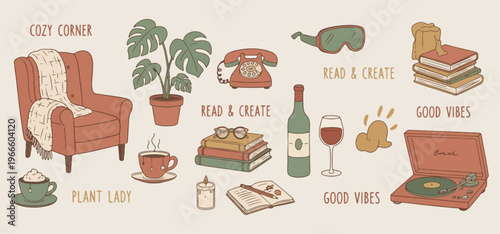 Retro reading coffee, vintage telephone sketch, book lover illustration, cozy home office, plants and books, classic lifestyle elements, nostalgic study desk

