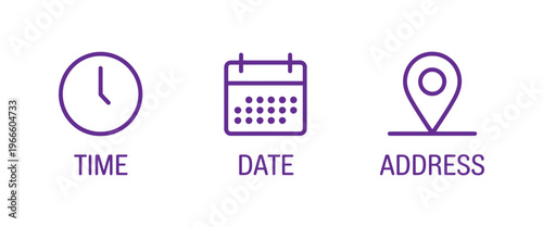 clock calendar and location icons pack, time date and address symbols, scheduling and navigation concept, event planning and reminder elements, simple modern vector illustration design.