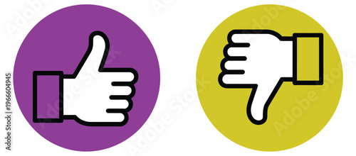 Thumbs up and thumbs down icons set featuring like and dislike button symbols, providing clean social media feedback response graphics ideal for apps, websites
