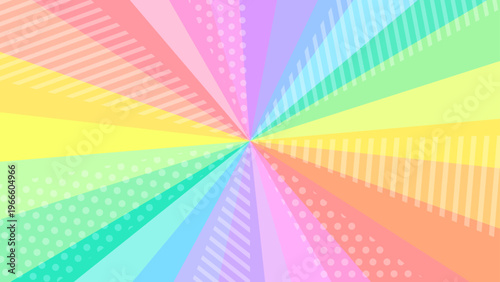 カラフルなドットとストライプ模様の入ったパステルレインボー集中線背景。16:9の動画サムネ用