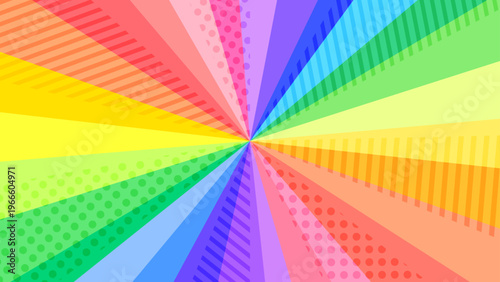 レインボーでカラフルなドットとストライプ模様の入った集中線背景。16:9の動画サムネ用
