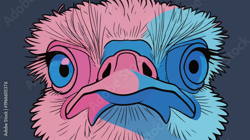 Colorful artwork of an ostrich head with blue and pink tones at a modern art exhibit