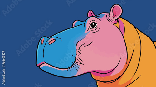 Hippo with colorful features in a simple art style against a blue background during daytime