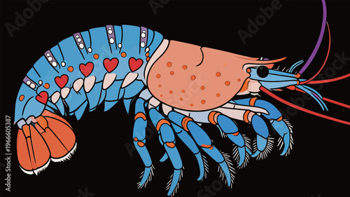 Colorful lobster illustration featuring vivid details and clear lines in a simple style on a black background