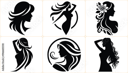 Collection of elegant woman silhouettes, beauty salon hair logo icons, feminine spa wellness branding, organic skincare aesthetic vector graphics, floral