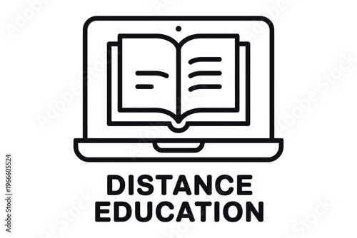 Laptop with open book icon, representing online learning and distance education, virtual classroom, digital coursework, e-learning platform, study and knowledge acquisition concept.