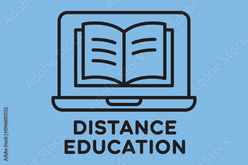 Laptop with open book icon, representing online learning and distance education, virtual classroom, digital coursework, e-learning platform, study and knowledge acquisition concept.