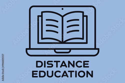 Laptop with open book icon, representing online learning and distance education, virtual classroom, digital coursework, e-learning platform, study and knowledge acquisition concept.