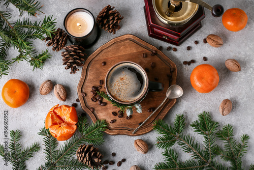 Wooden board with mug of co...