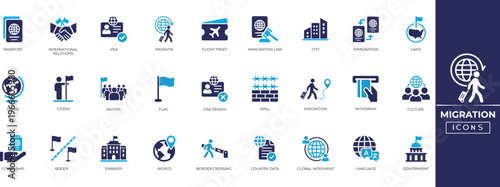 Migration solid icon set. Visa, nation, border, migrant, country, passport, country and more. Perfect vector icon collection.