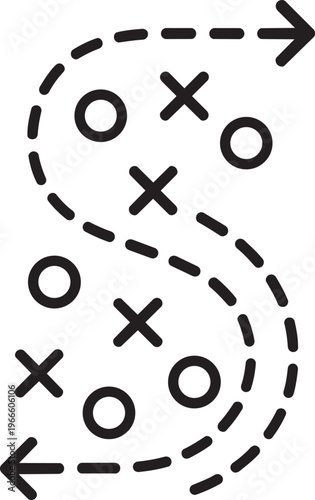 Curving dotted path with directional arrow and cross marks representing complex tactic and obstacle bypass strategy vector