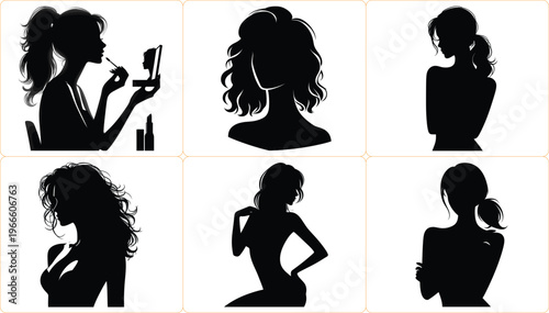 Set of elegant woman silhouette logo templates with makeup, ponytail, curly hair, feminine beauty for hair salon, spa, wellness branding