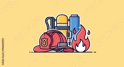 Firefighter helmet gear and fire icon representing emergency response and safety