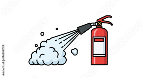 Red fire extinguisher spraying foam and bubbles isolated on white background