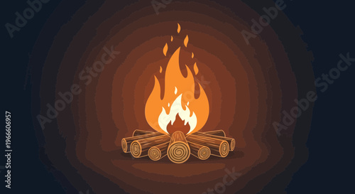 A Glowing Campfire Illustration with Stacked Logs and Vibrant Flames on a Dark Background