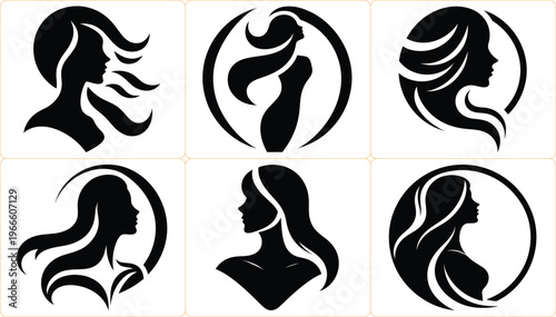 Set of feminine circular silhouettes, elegant woman hair logo emblems, beauty salon vector icons, luxury spa wellness branding, organic skincare graphics