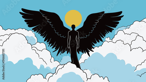 Winged figure stands on clouds under bright sun in clear blue sky during daytime