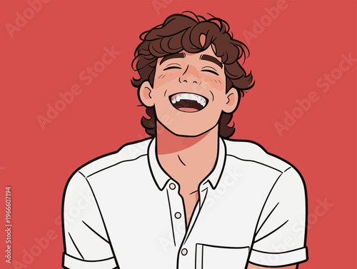 Young man smiles broadly against a bright background while wearing a white shirt and showing clear joy in his expression
