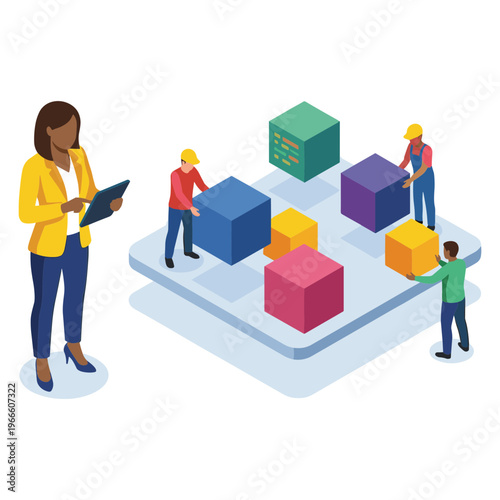 People working together to move colorful blocks on a large tablet