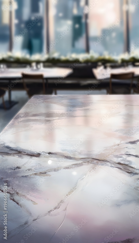 Fototapeta premium Elegant marble surface reflects a blurred city view soft pastel dining area design