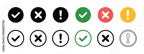 check cross and alert icon pack, success error warning symbols collection, notification and feedback indicators,  interface status elements, simple minimal vector design.