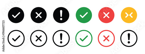 status icon set with check mark cross and exclamation symbols, success error and warning indicators, system notification interface elements, confirmation alerts and feedback states, clean modern 