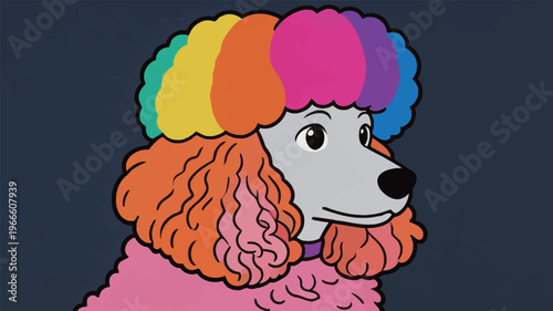 Poodle with colorful wig standing against a dark background at a cartoon event