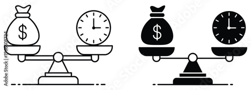 Time and money compare scale icon set showcasing clock and currency balance visuals, modern comparison symbols, and efficient UI elements suitable for apps, dashboards, and financial planning