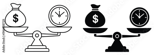 Time and money compare scale icon designed for mobile concepts and web apps, featuring balanced financial symbols, clock elements, and decision-making graphics ideal for business and productivity