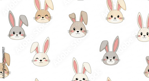 Seamless pattern of adorable cartoon rabbits with varying fur colors