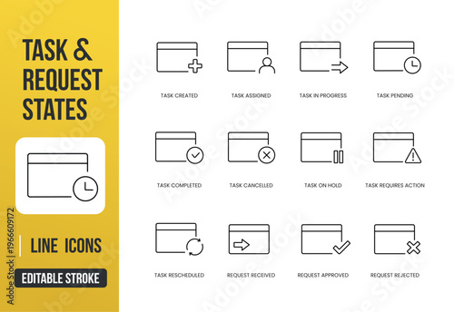 A set of task and request state UI icons for tracking task lifecycle, approvals, and user actions in web and app interfaces, created in line style with editable stroke
