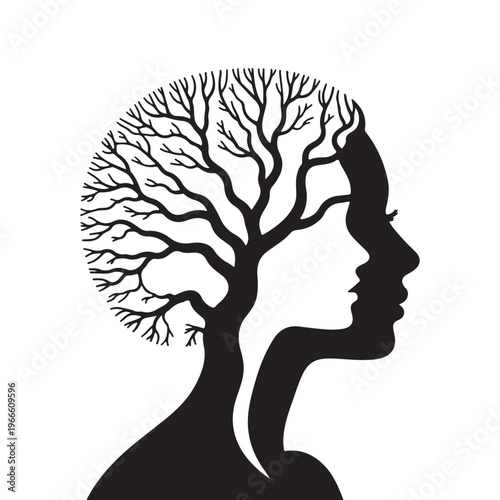 Dual Face Silhouette with Tree Branches, Abstract Identity and Mind Concept Illustration