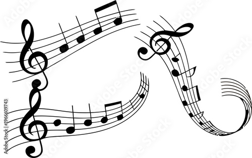 A vector illustration of various musical notes and treble clefs arranged on sheet music, ideal for music education, composition, or design projects.