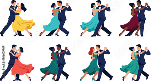 WebBallroom dance couple set featuring diverse men and women in elegant formal wear dancing tango, waltz, and salsa for romance.