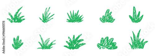 Green lawn grass with crayon, pastel or chalk texture childlike drawing. Bushes and shrubbery pencil sketched scribble foliage elements