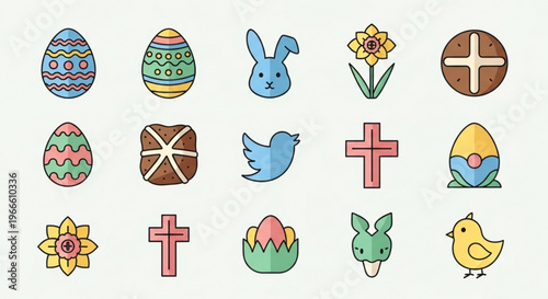 Colorful easter icons depicting eggs a bunny birds and religious symbols