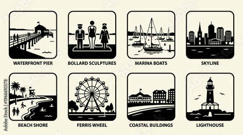Coastal Landmarks and Attractions Icon Set Vector – Black-and-White Illustrations of Waterfront Pier, Bollard Sculptures, Marina Boats, Skyline, Beach Shore, Ferris Wheel, Coastal Buildings, Lighthous