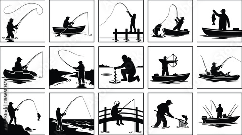 WebFishing silhouette set featuring fisherman in boat, fly fishing, ice fishing, pier fishing, and catching fish for outdoor hobby designs.