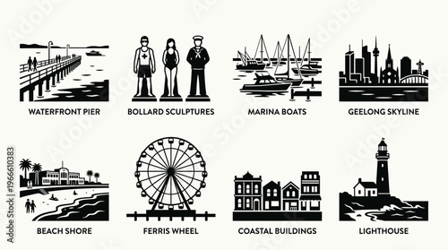 Coastal Landmarks and Attractions Icon Set Vector – Black-and-White Illustrations of Waterfront Pier, Bollard Sculptures, Marina Boats, Skyline, Beach Shore, Ferris Wheel, Coastal Buildings, Lighthous