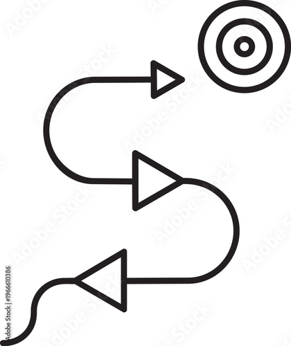 Winding path starting from triangle and ending at bullseye target for business objective and strategic roadmap vector