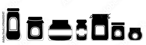 Vector monochrome set of various jams with empty labels. Collection of black silhouette of jars