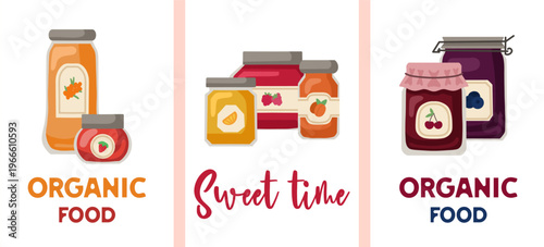 Vector set of postcards with jam and lettering. Organic healthy food. Sweet homemade dessert.