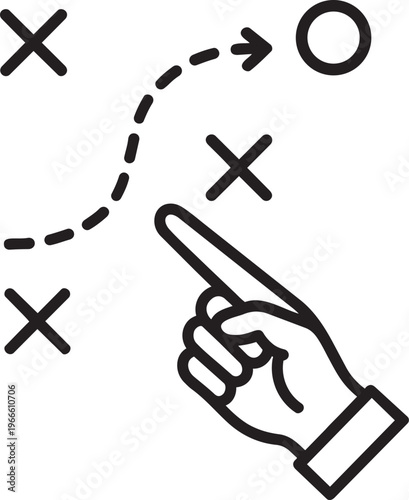 Human hand pointing finger at dotted path with cross marks representing strategic tactic and business roadmap vector