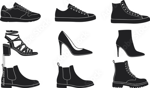 WebMen and women footwear silhouette set featuring sneakers, high heels, boots, sandals, and chelsea boots for fashion and retail designs.