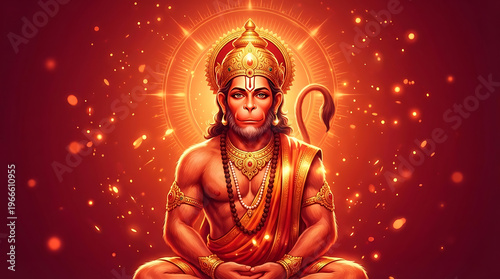 Radiant lord hanuman in meditative pose with orange light for hanuman jayanti and hanuman chalisa background during evening hanuman puja for wealth health and great abundance