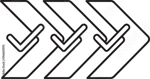 Triple forward chevron arrows with checkmarks symbolizing fast progress and validated steps in business roadmap vector