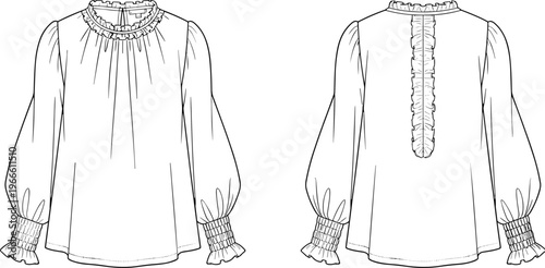 WebWomen long sleeve blouse vector illustration, fashion technical sketch with ruffle collar and smocked cuffs, elegant apparel design, isolated, white.