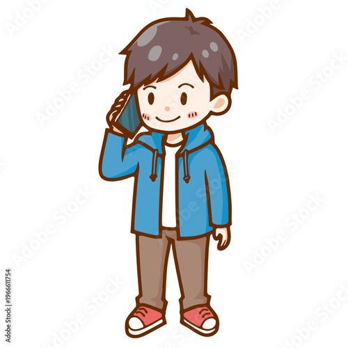 笑顔でスマートフォンで電話をする男性のデフォルメベクターイラスト