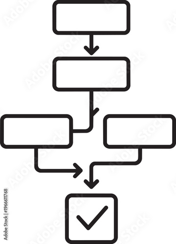 Vertical logical flowchart diagram ending with successful checkmark block representing algorithm structure and project workflow vector